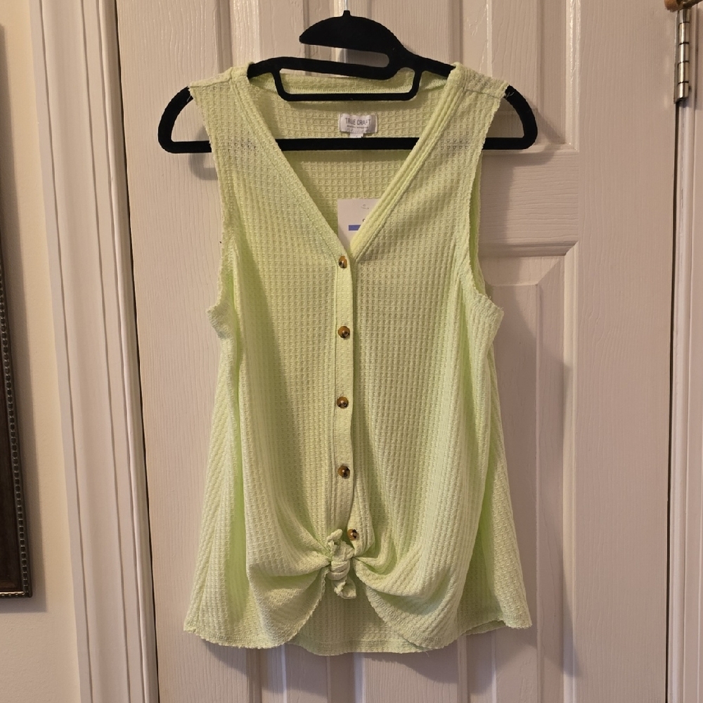 TRUE CRAFT WOMENS LIME GREEN FRONT BUTTON SLEEVELESS  KNOTTED TOP SIZE SMALL